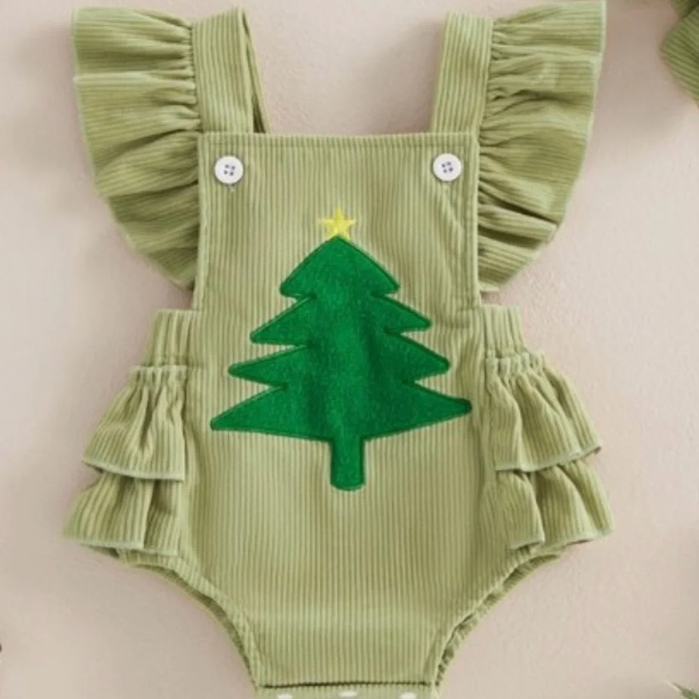Girls Green Embroidered Christmas Tree Corduroy Overalls Romper/Jumpsuit Sz 3-6M